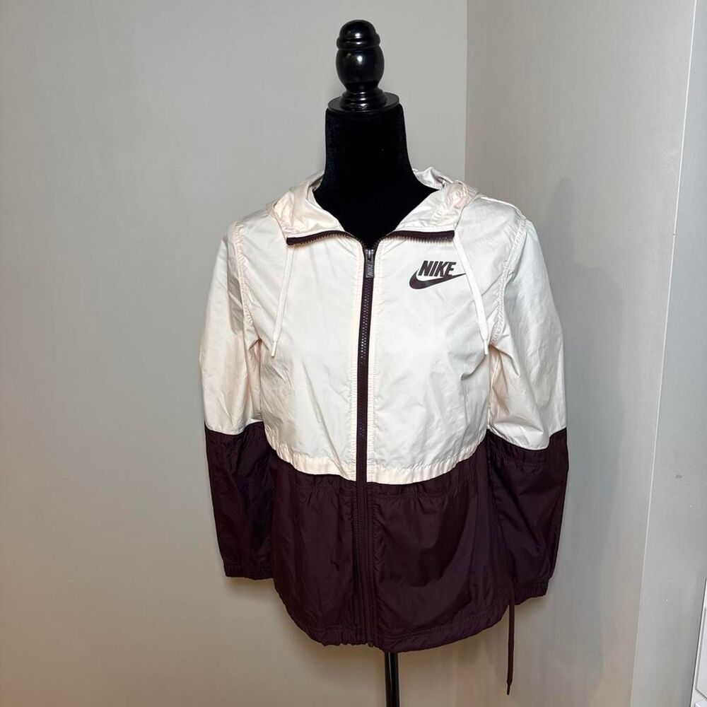 Nike Women’s XS Colorblock Hooded Windbreaker Jacket Cream Burgundy